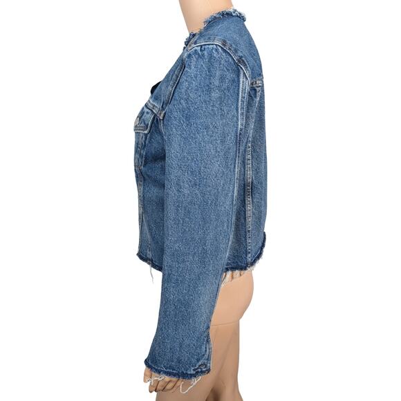 Levi's Medium Wash Altered Trucker Cut Off Raw Hem Collarless Denim Jacket SZ M - Picture 7 of 10